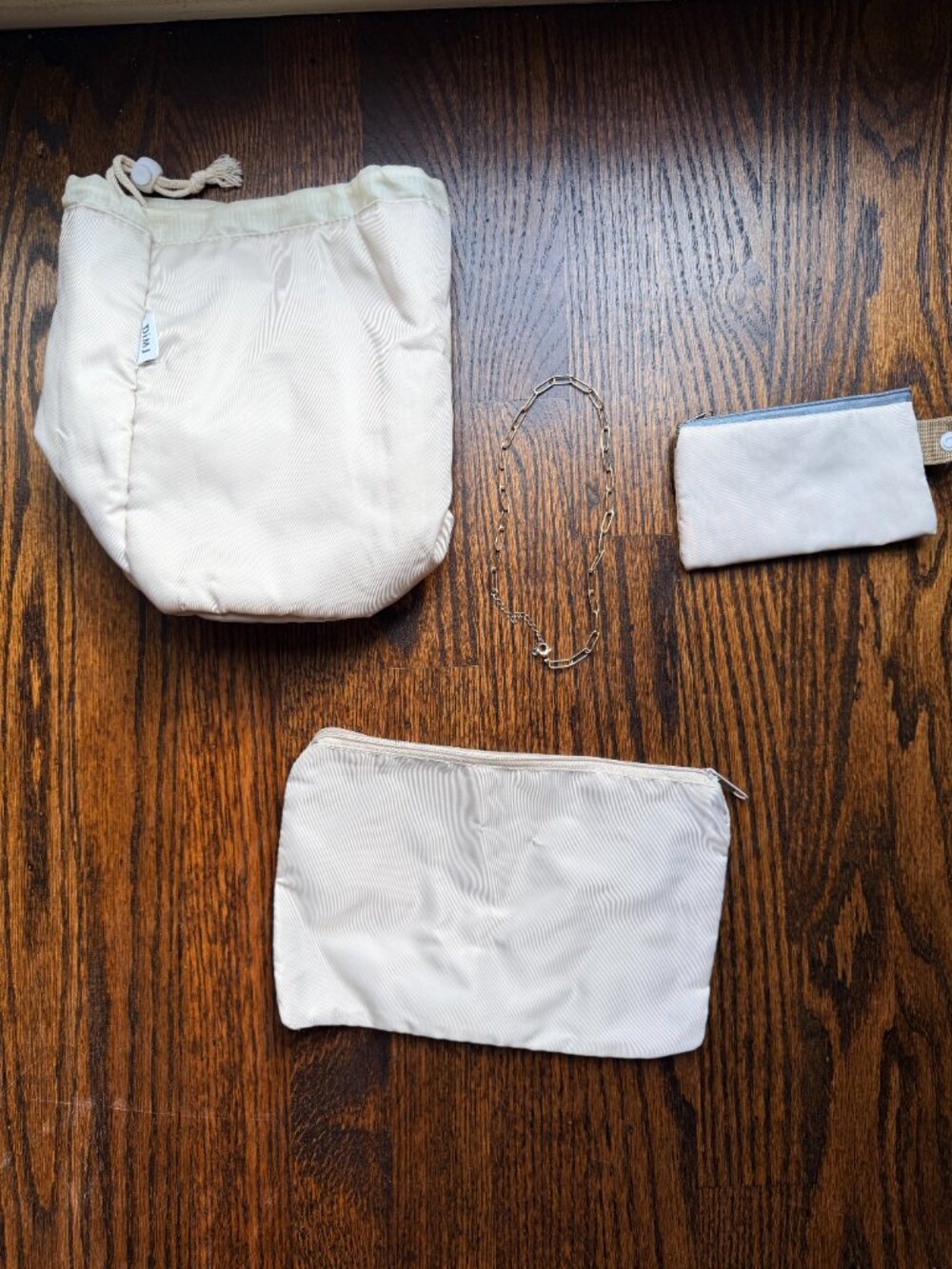 Cream Makeup Bag Bundle 3 Pouches & Paperclip Necklace DIMJ Drawstring Bag